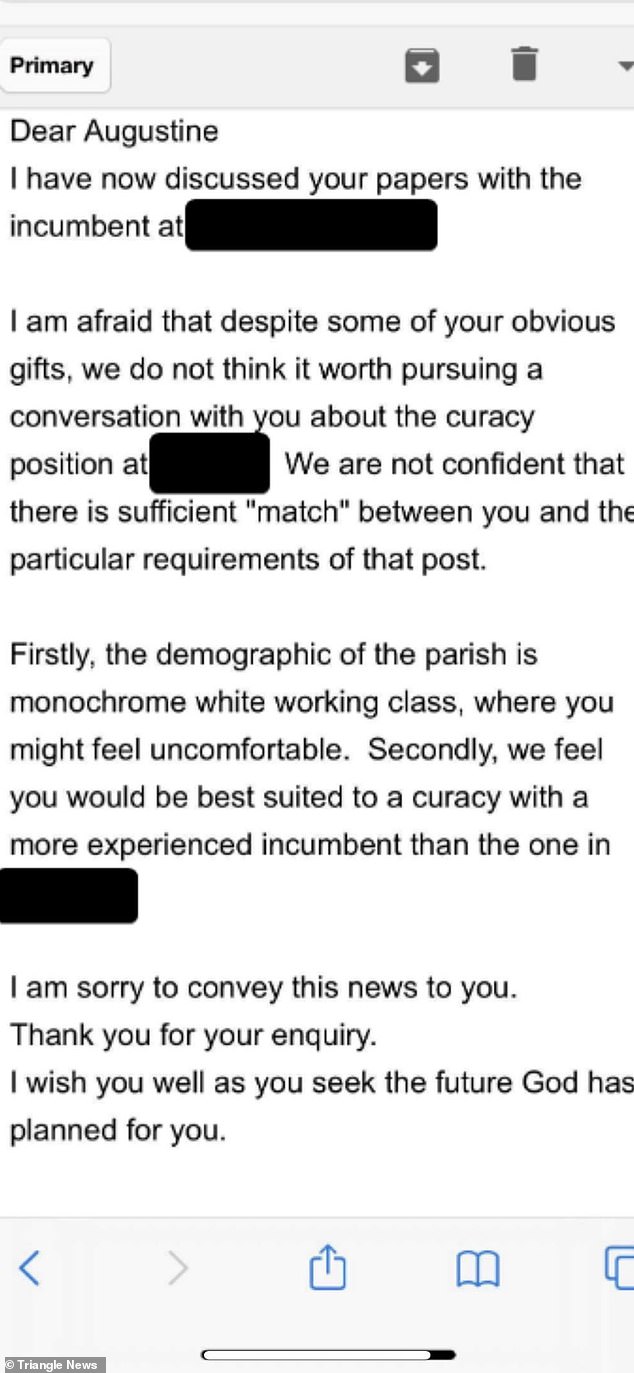 Mr Tanner-Ihm received the letter in February, but has only made it public now following the reaction of the Church of England to the Black Lives Matter protests