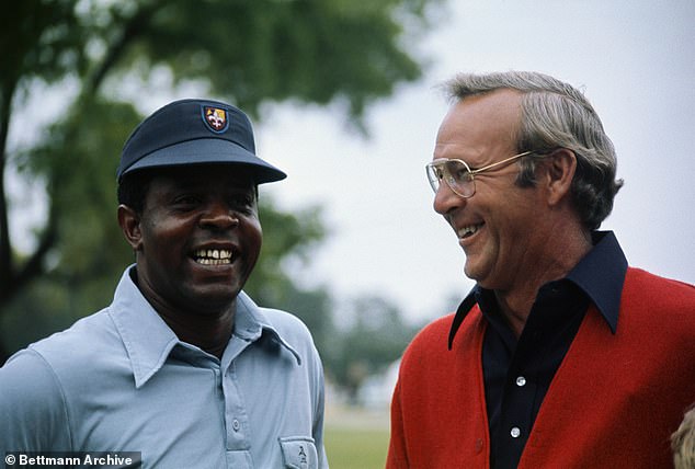 Lee Elder (left) and Arnold Palmer (right) share a laugh during a tournament in 1974